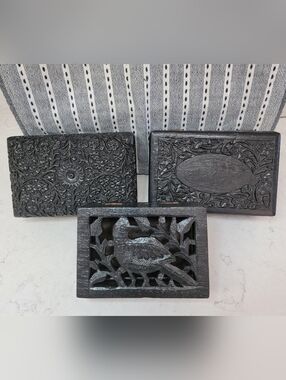 Vintage Hand-Carved Black Wooden Decorative Boxes - Set of 3